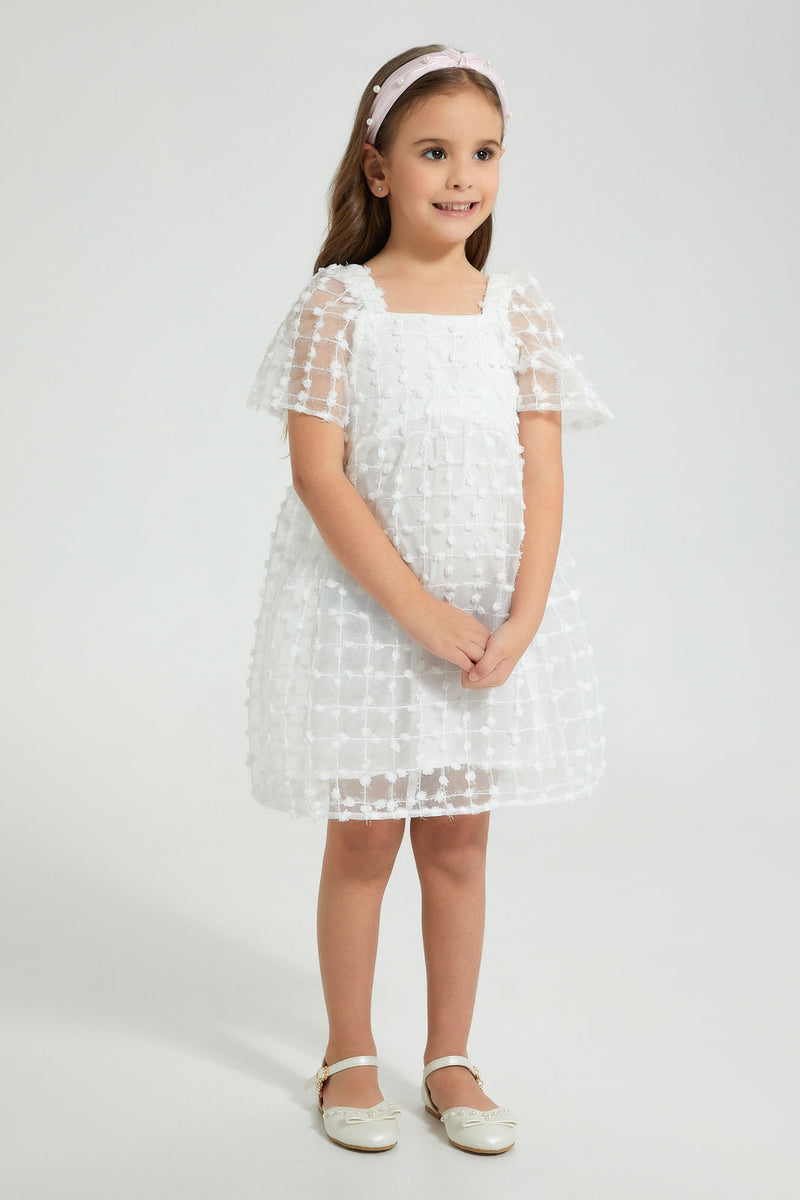 Redtag-White-Textured-Dress-Colour:White,-Filter:Girls-(2-to-8-Yrs),-Girls-Dresses,-New-In,-New-In-GIR,-Non-Sale,-S22B,-Section:Kidswear-Girls-2 to 8 Years
