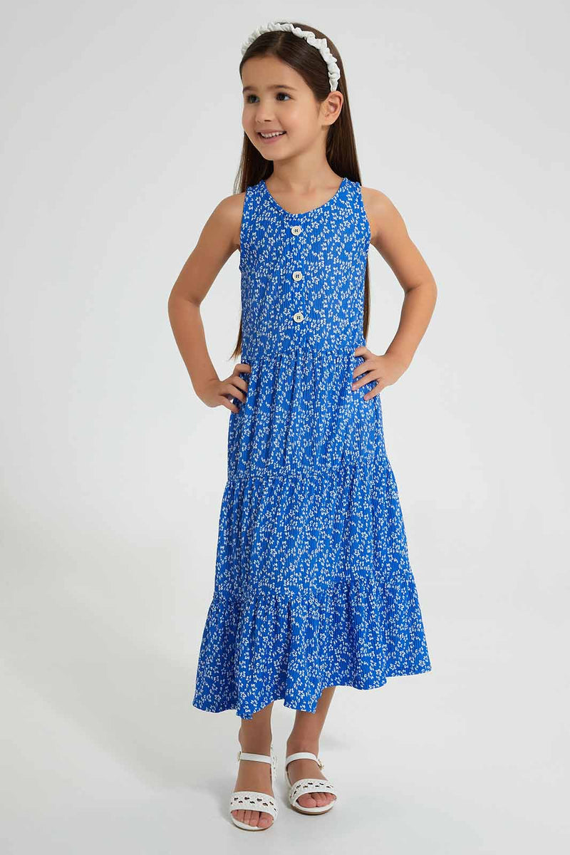 Redtag-Blue-Printed-Dress-Dresses-Girls-2 to 8 Years