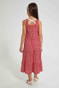 Redtag-Red-Printed-Dress-Dresses-Girls-2 to 8 Years