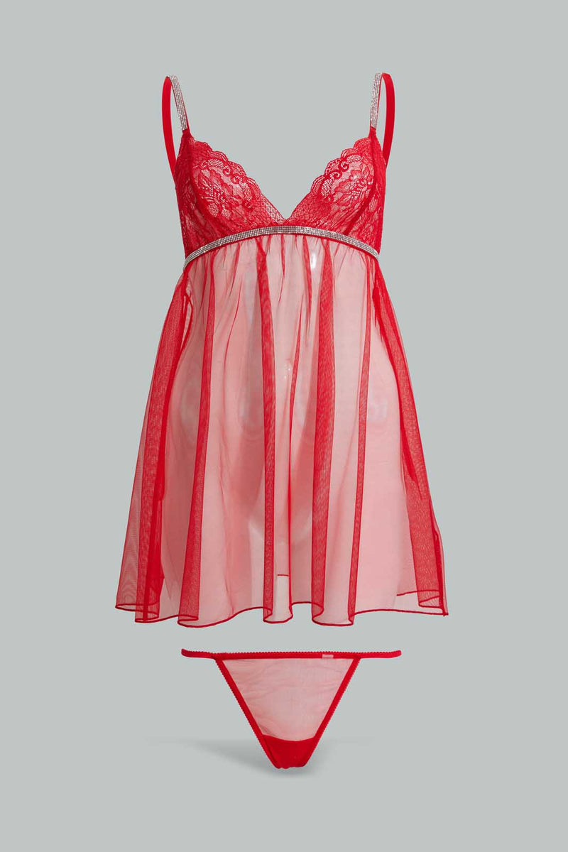 Redtag-Red-Plain-Mesh-Babydoll-With-Lace-Babydolls-Women's-