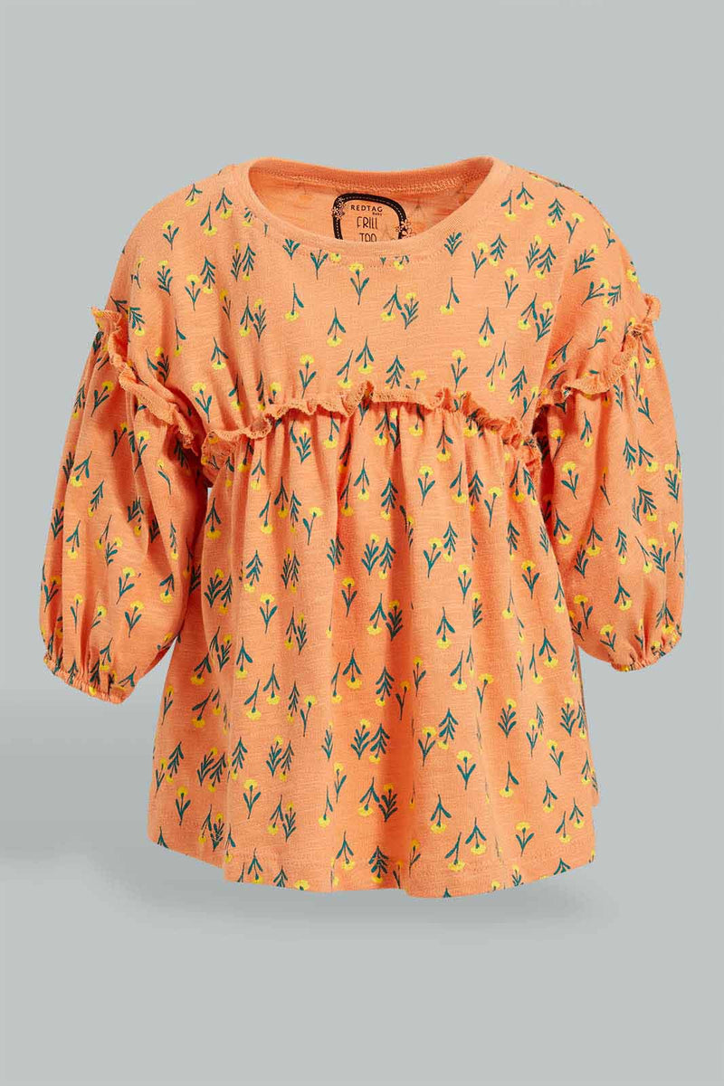 Redtag-Peach-Long-Sleeve-Printed-Jersey-Top-Blouses-Infant-Girls-3 to 24 Months