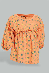 Redtag-Peach-Long-Sleeve-Printed-Jersey-Top-Blouses-Infant-Girls-3 to 24 Months