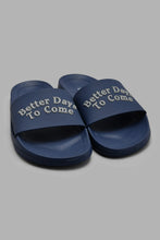 Load image into Gallery viewer, Redtag-Navy-Slogan-Embossed-Slide-Sliders-Men&#39;s-
