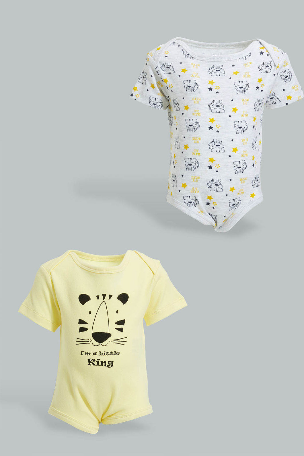 Redtag-Yellow-And-Grey--Animal-Print-2-Pack-Bodysuit-Colour:Yellow,-Filter:Baby-(0-to-12-Mths),-NBF-Bodysuits,-New-In,-New-In-NBF,-Non-Sale,-S22B,-Section:Kidswear-Baby-0 to 12 Months