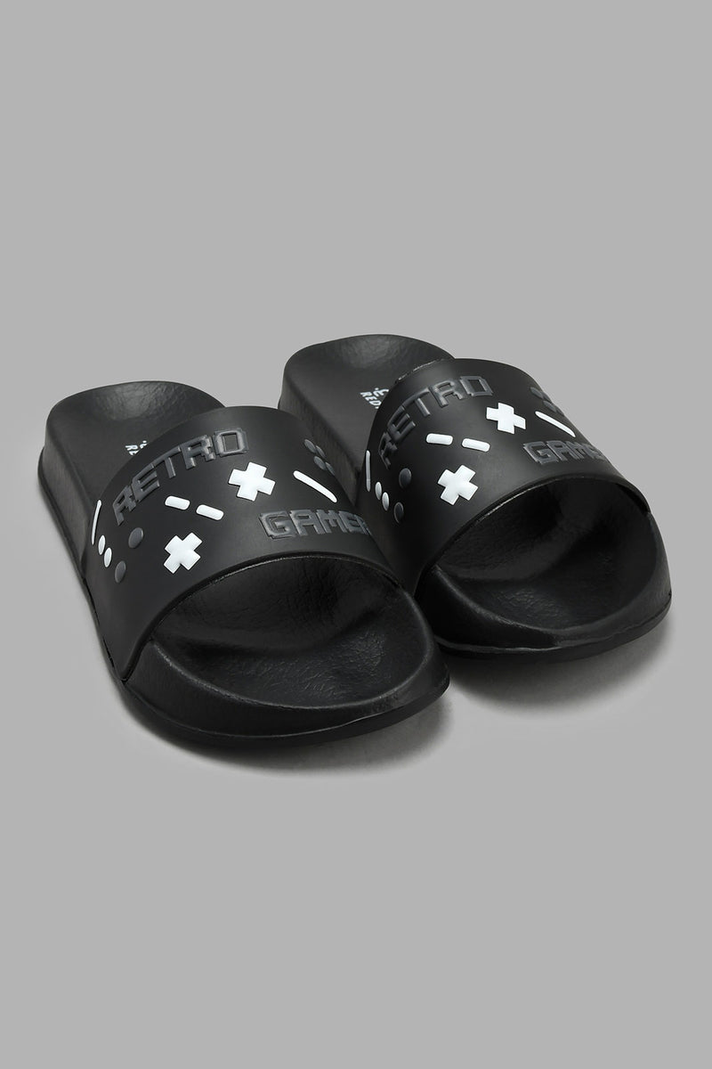 Redtag-Black-Gamer-Print-Slide-Sliders-Senior-Boys-5 to 14 Years