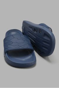 Redtag-Navy-Embossed-Slide-Sliders-Senior-Boys-5 to 14 Years