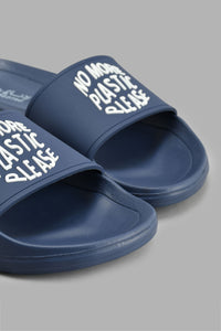 Redtag-Navy-Slogan-Embossed-Slide-Sliders-Senior-Boys-5 to 14 Years