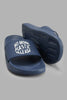 Redtag-Navy-Slogan-Embossed-Slide-Sliders-Senior-Boys-5 to 14 Years