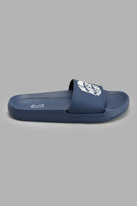 Redtag-Navy-Slogan-Embossed-Slide-Sliders-Senior-Boys-5 to 14 Years