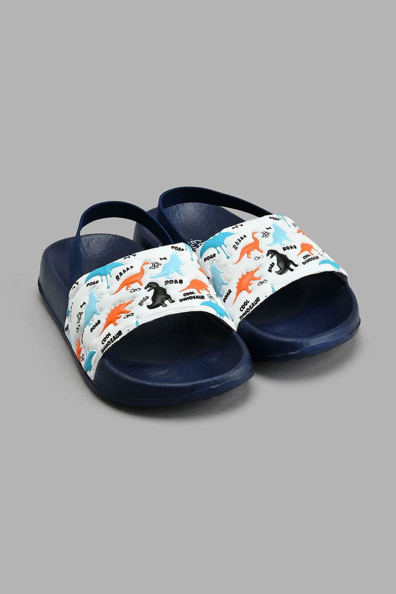 Redtag-Navy-Dinosaur-Print-Slide-With-Backstrap-Boys-Flip-Flops,-Character,-Colour:Navy,-Filter:Boys-Footwear-(3-to-5-Yrs),-New-In,-New-In-BOY-FOO,-Non-Sale,-S22A,-Section:Kidswear-Boys-3 to 5 Years