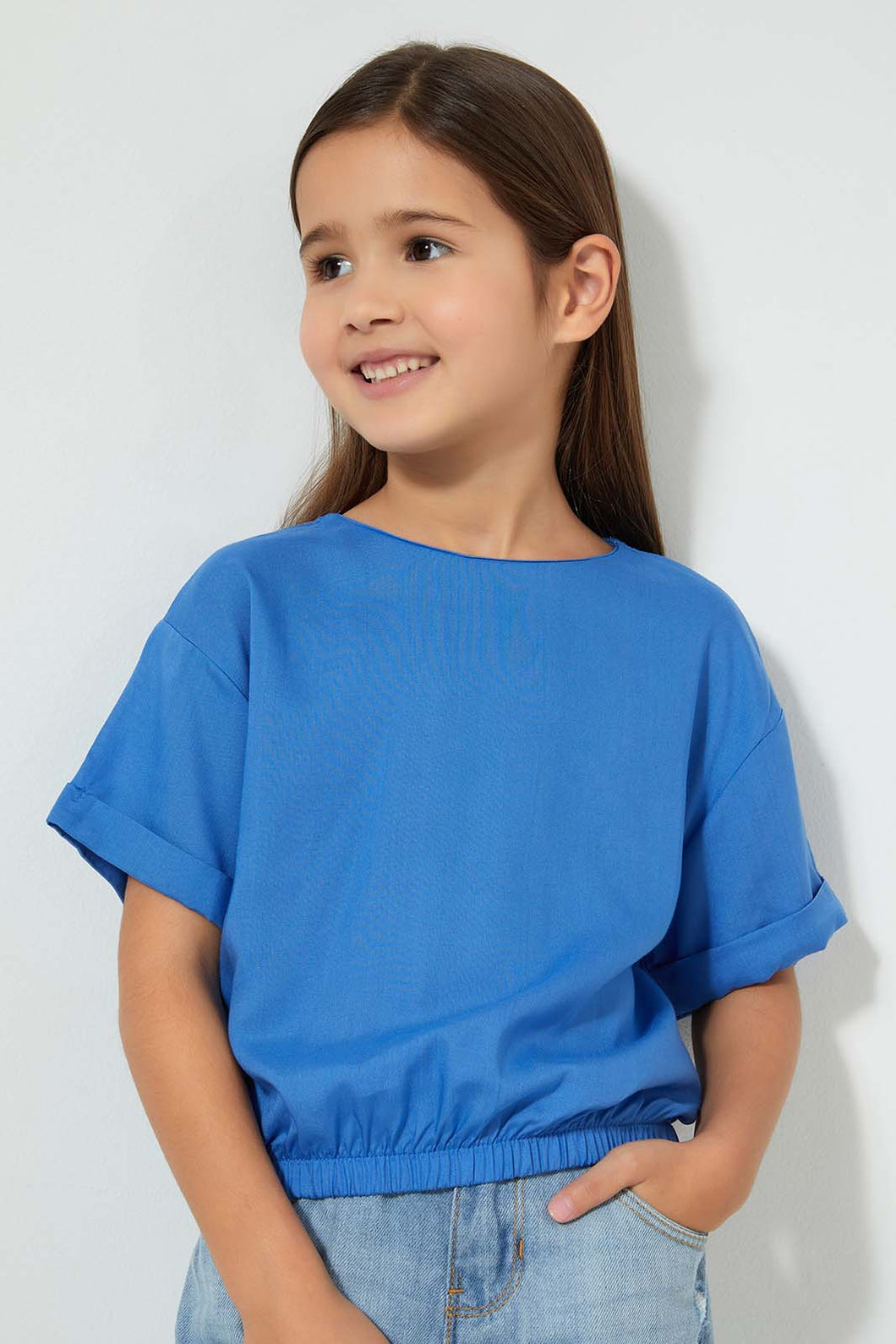 Redtag-Blue-Elasticated-Hem-Blouse-Blouses-Girls-2 to 8 Years