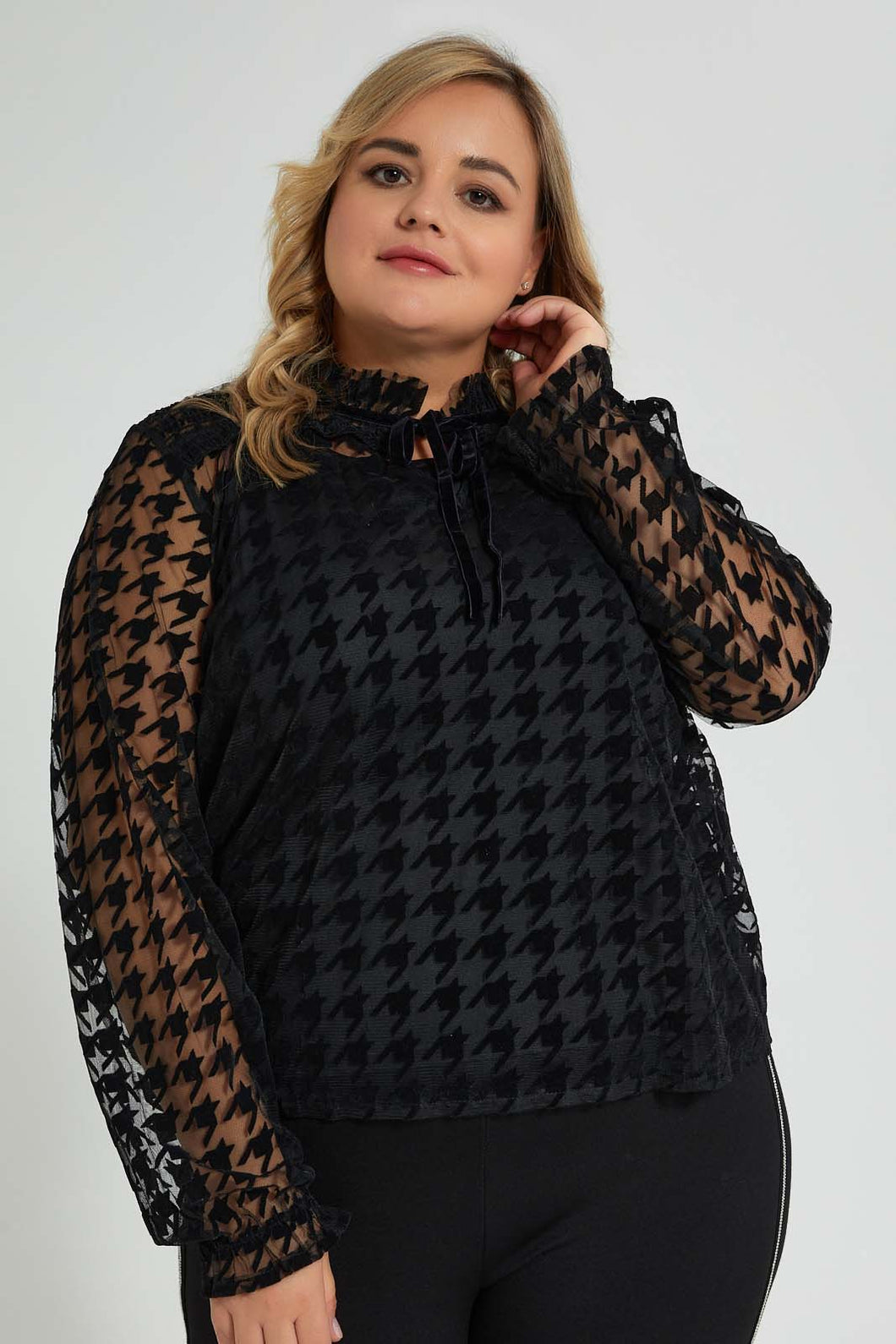 Redtag-Black-Allover-Flocked-Blouse-Colour:Black,-Filter:Plus-Size,-LDP-Blouses,-New-In,-New-In-LDP,-Non-Sale,-S22A,-Section:Women-Women's-