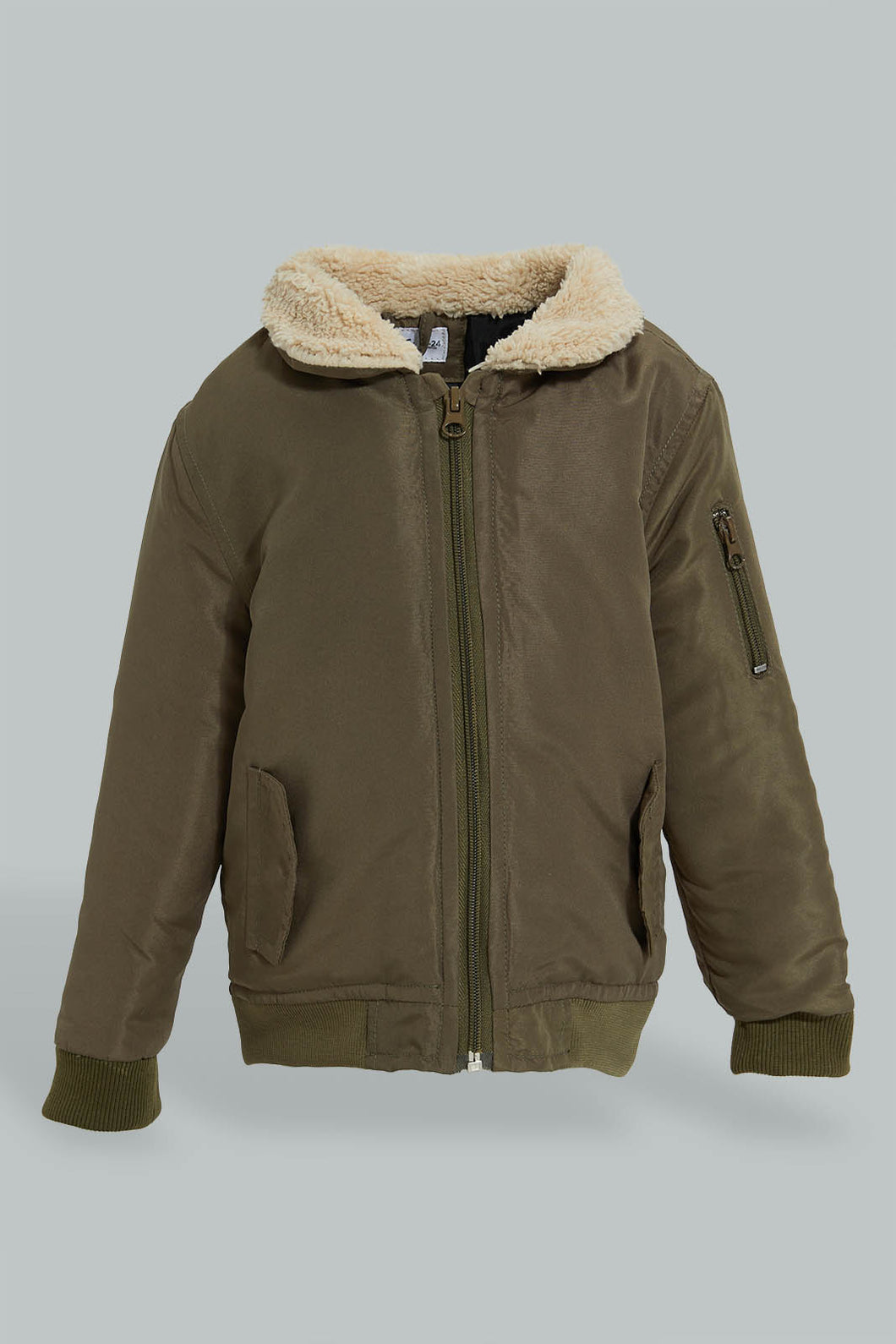 Redtag-Green-Sherpa-Padded-Jacket-Zip-Through-Jackets-Infant-Boys-3 to 24 Months