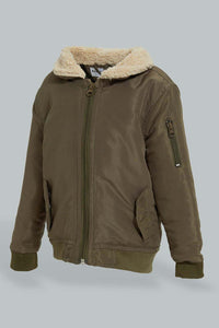 Redtag-Green-Sherpa-Padded-Jacket-Zip-Through-Jackets-Infant-Boys-3 to 24 Months