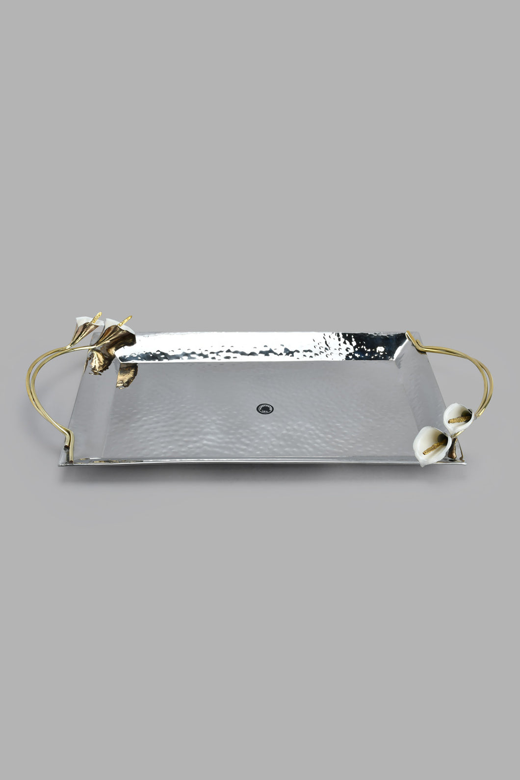 Redtag-Silver-Hammered-Rectangle-Tray-With-Gold-Brass-Handle-(Large)-Trays-Home-Dining-