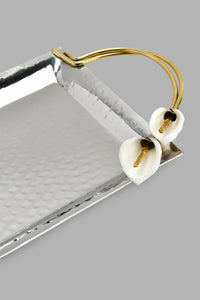 Redtag-Silver-Hammered-Rectangle-Tray-With-Gold-Brass-Handle-(Medium)-Trays-Home-Dining-