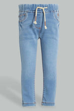 Load image into Gallery viewer, Redtag-Light-Wash-Knit-Denim-Pull-On-Jean-With-Pkt-Embroidered-Jeans-Slim-Fit-Infant-Girls-3 to 24 Months
