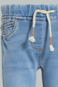Redtag-Light-Wash-Knit-Denim-Pull-On-Jean-With-Pkt-Embroidered-Jeans-Slim-Fit-Infant-Girls-3 to 24 Months