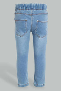 Redtag-Light-Wash-Knit-Denim-Pull-On-Jean-With-Pkt-Embroidered-Jeans-Slim-Fit-Infant-Girls-3 to 24 Months