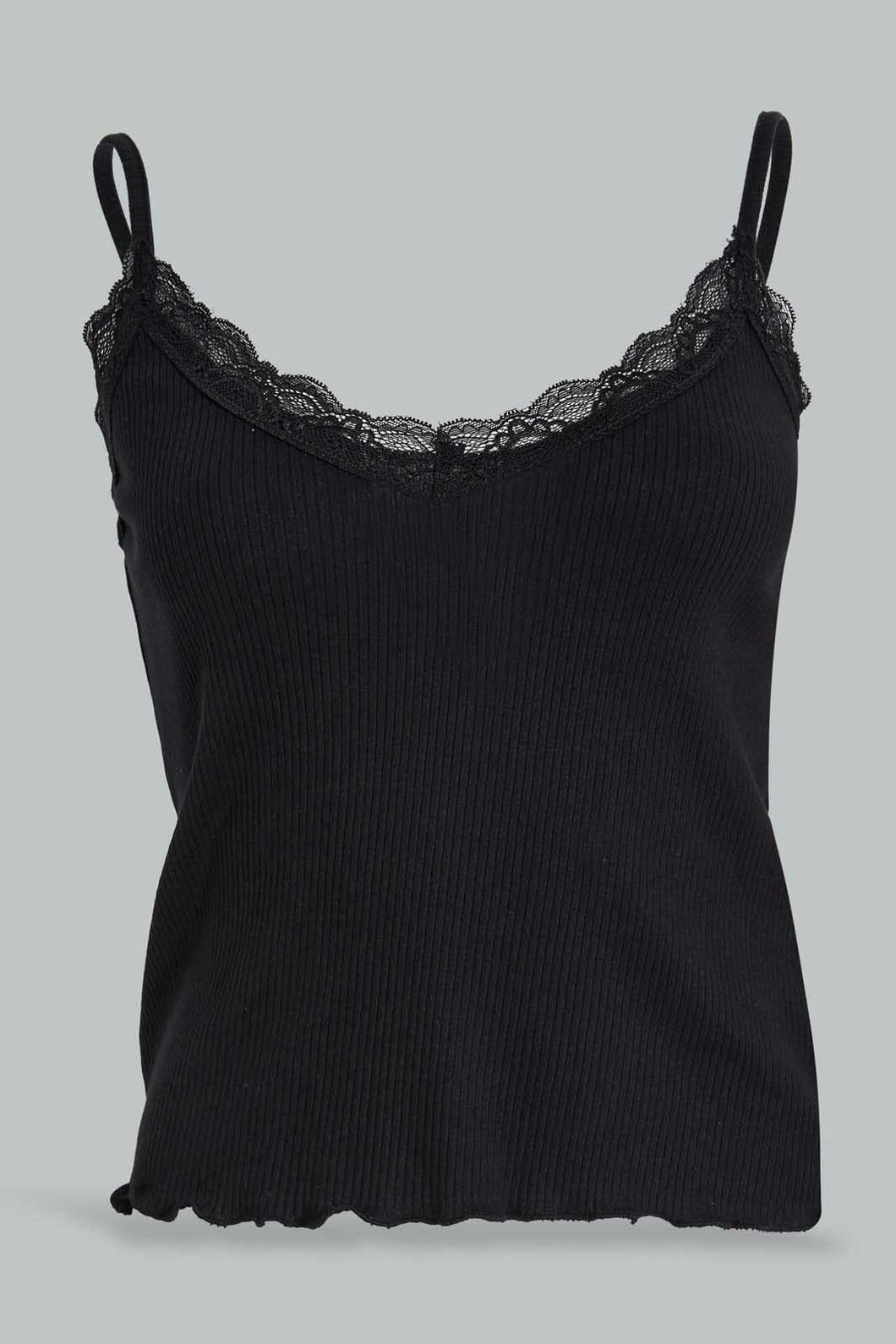 Redtag-Black-Strappy-Rib-Vest-With-Lace-Vests-Women's-