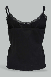 Redtag-Black-Strappy-Rib-Vest-With-Lace-Vests-Women's-