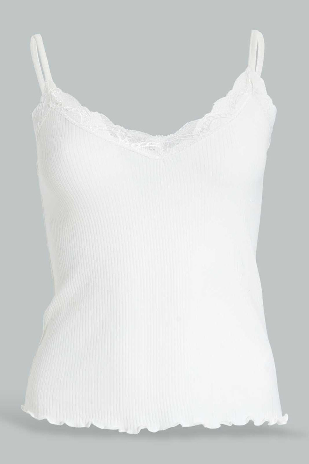 Redtag-White-Strappy-Rib-Vest-With-Lace-Vests-Women's-