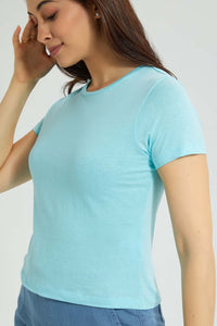 Redtag-Blue-Plain-Short-Sleeve-Crew-Neck-T-Shirt-Active-Tees-Women's-