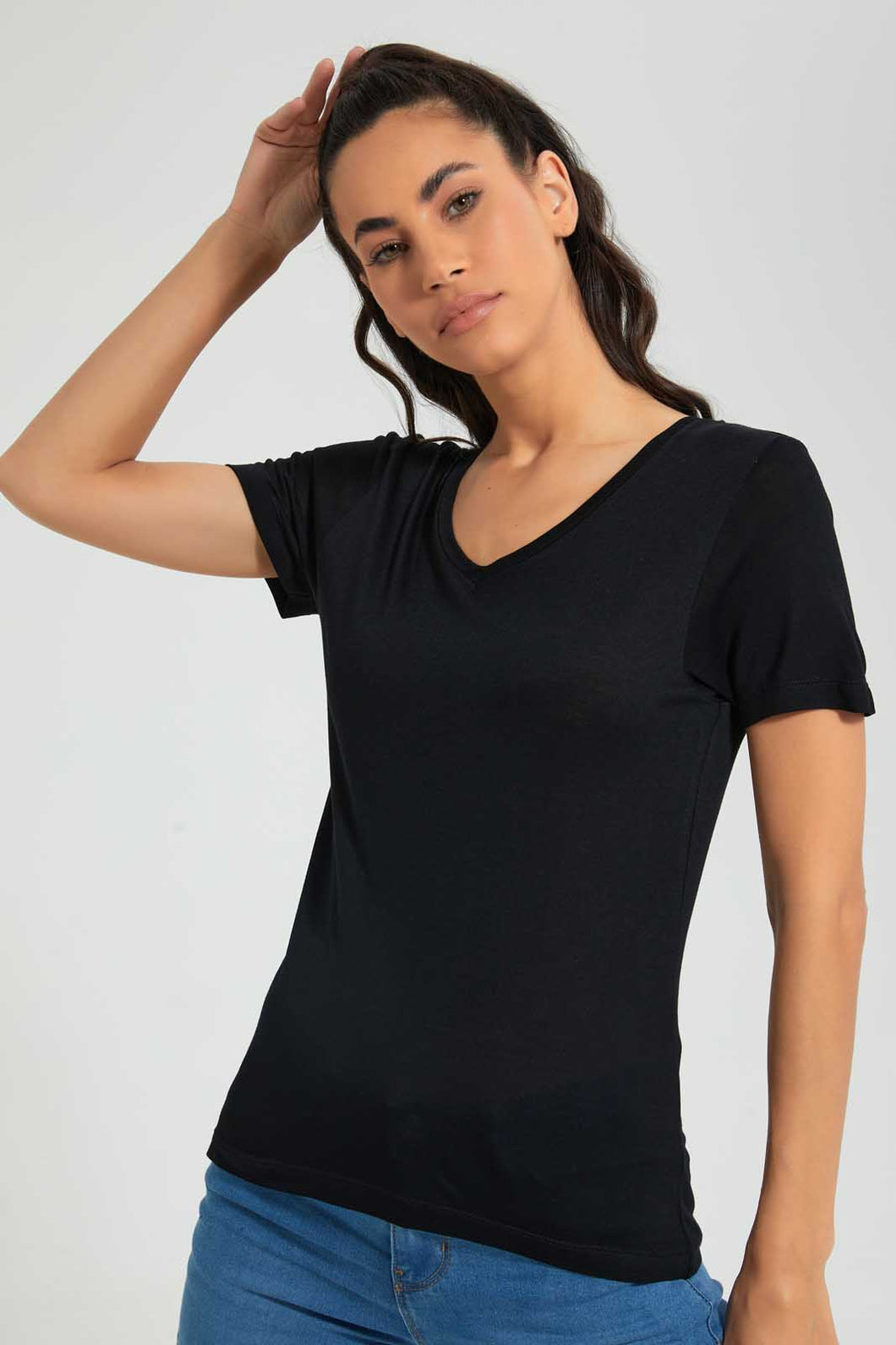 Redtag-Black-Plain-Short-Sleeve-V-Neck-T-Shirt-Plain-Women's-