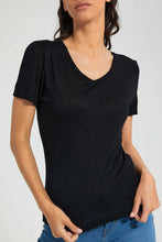 Load image into Gallery viewer, Redtag-Black-Plain-Short-Sleeve-V-Neck-T-Shirt-Plain-Women&#39;s-
