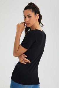 Redtag-Black-Plain-Short-Sleeve-V-Neck-T-Shirt-Plain-Women's-