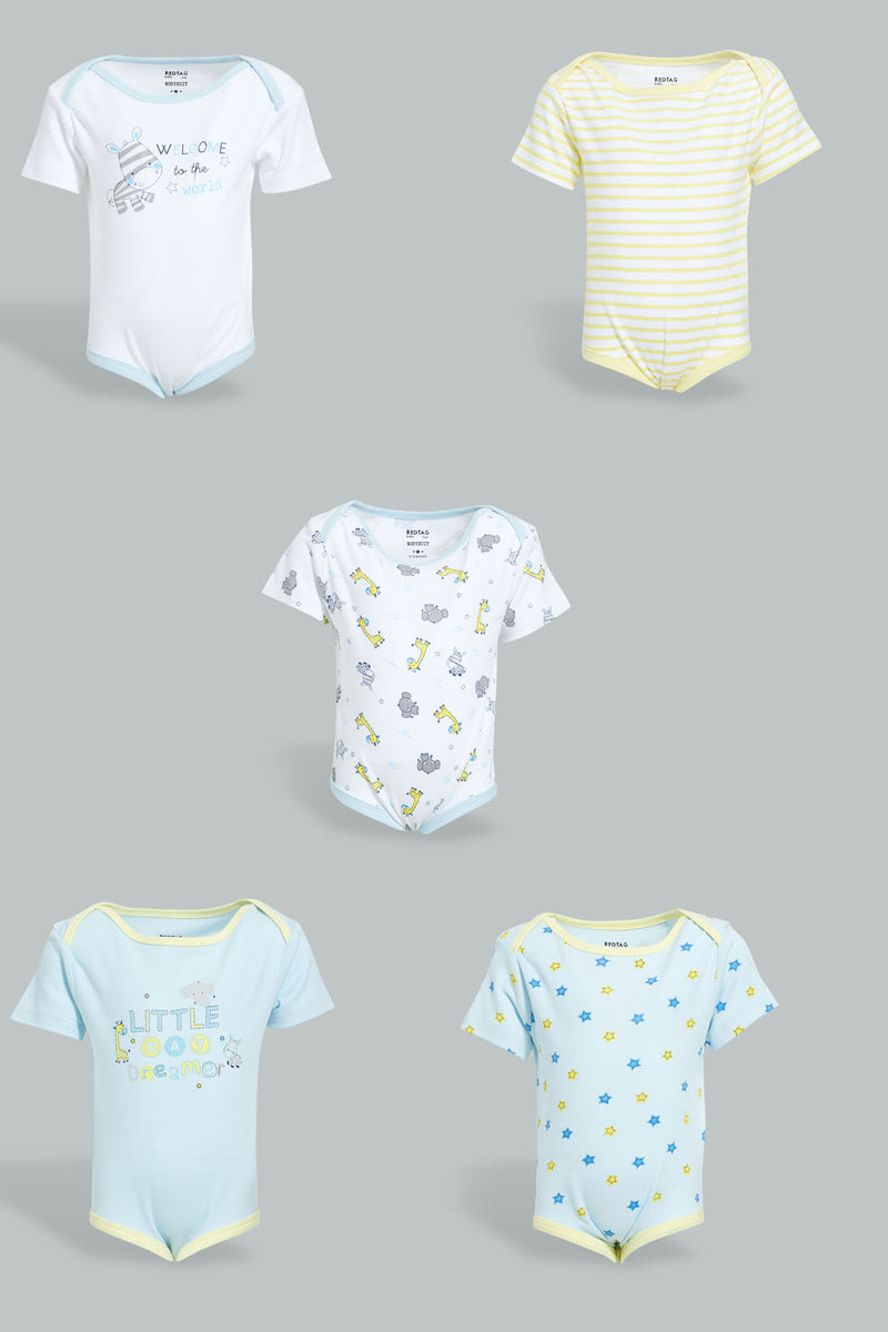 Redtag-Blue-And-Yellow-Little-Dream-Lover-5-Piece-Pack-Bodysuit-Bodysuits-Baby-0 to 12 Months