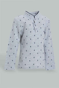 Redtag-Grey-Printed-Mandarin-Long-Sleeve-Polo-Polo-Shirts-Infant-Boys-3 to 24 Months