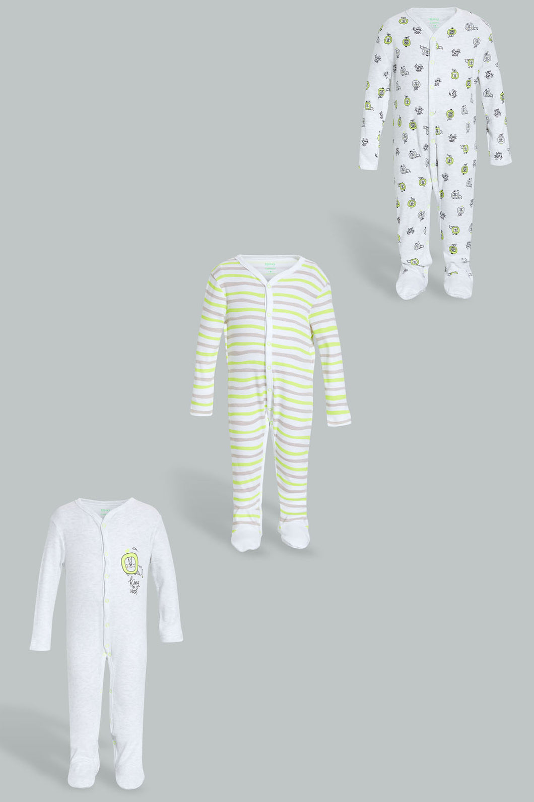 Redtag-Grey-And-Neon-Lion-3-Piece-Pack-Bodysuit-Sleepsuits-Baby-0 to 12 Months