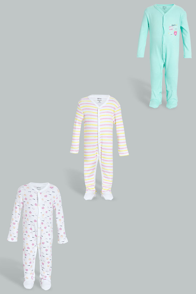 Redtag-Yellow-And-Mint-3-Piece-Pack-Bodysuit-Sleepsuits-Baby-0 to 12 Months