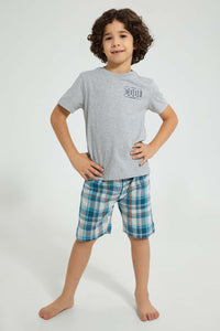 Redtag-Blue-Van-Print-T-Shirt-And-Check-Shorts-Set-Pyjama-Sets-Boys-2 to 8 Years