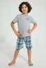 Redtag-Blue-Van-Print-T-Shirt-And-Check-Shorts-Set-Pyjama-Sets-Boys-2 to 8 Years