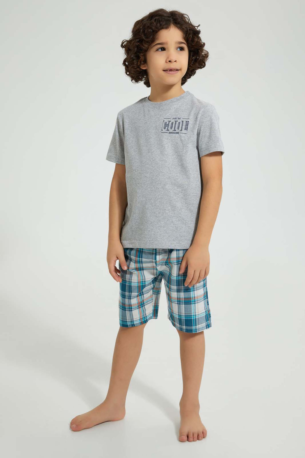 Redtag-Blue-Van-Print-T-Shirt-And-Check-Shorts-Set-Pyjama-Sets-Boys-2 to 8 Years