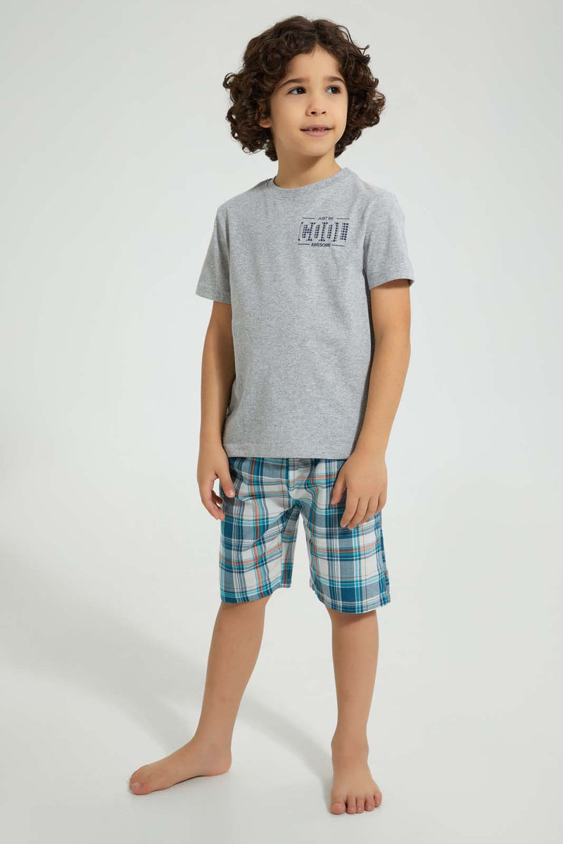 Redtag-Blue-Van-Print-T-Shirt-And-Check-Shorts-Set-Pyjama-Sets-Boys-2 to 8 Years