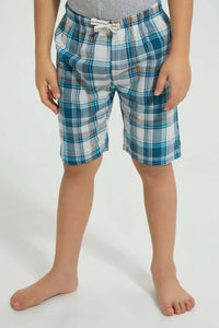 Redtag-Blue-Van-Print-T-Shirt-And-Check-Shorts-Set-Pyjama-Sets-Boys-2 to 8 Years