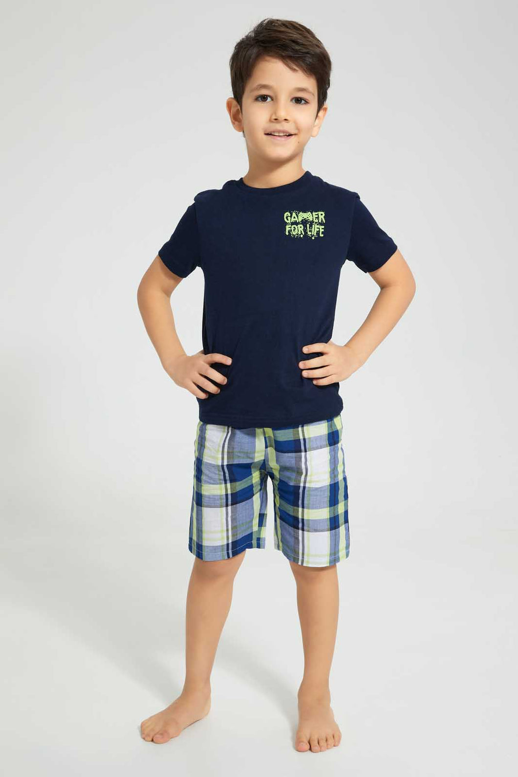 Redtag-Navy-Gamer-Print-T-Shirt-And-Check-Shorts-Set-Pyjama-Sets-Boys-2 to 8 Years
