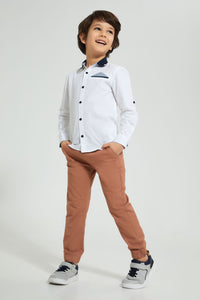 Redtag-White-Knitted-Collar-Long-Sleeve-Shirt-Casual-Shirts-Boys-2 to 8 Years