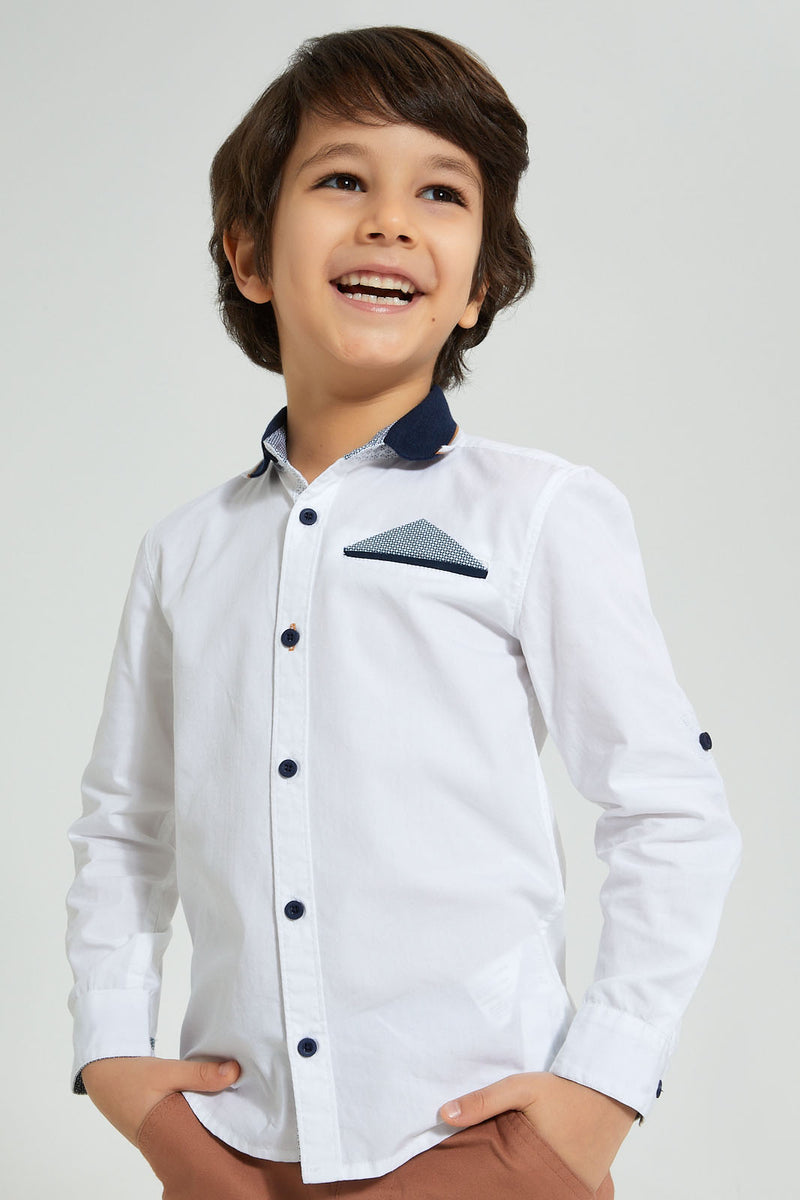 Redtag-White-Knitted-Collar-Long-Sleeve-Shirt-Casual-Shirts-Boys-2 to 8 Years