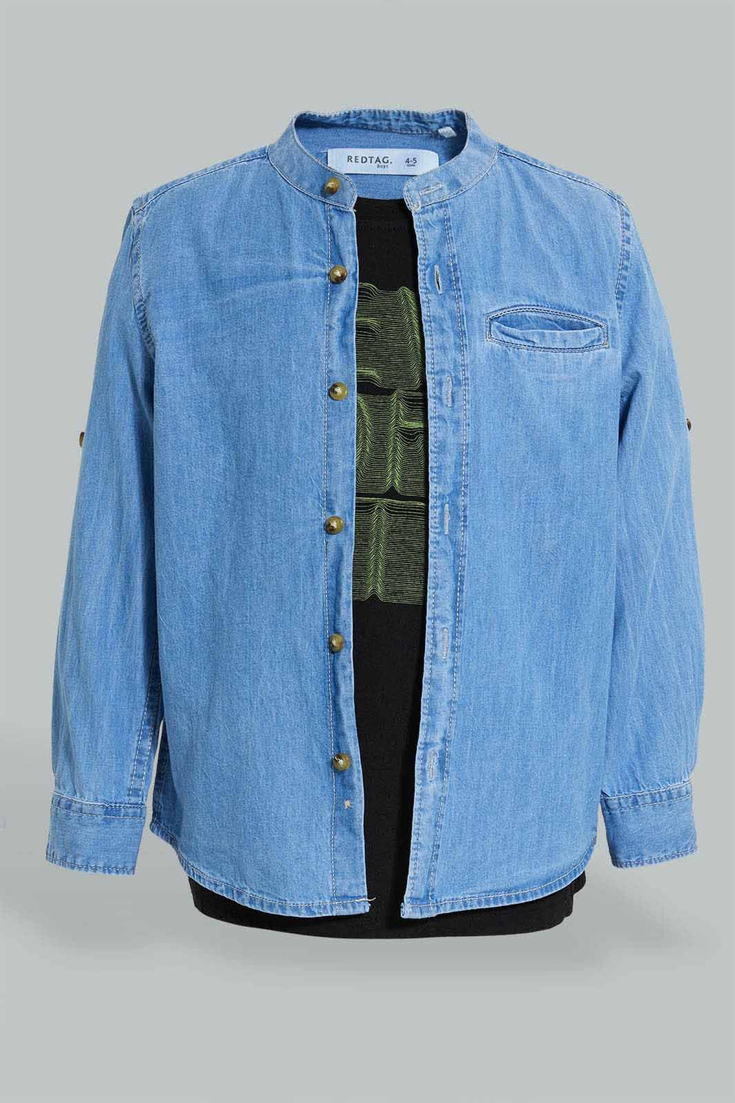 Redtag-Light-Wash-Denim-Mandarin-Collar-Shirt-And-T-Shirt-Set-Boys-Shirts,-Colour:Light-Wash,-Filter:Boys-(2-to-8-Yrs),-New-In,-New-In-BOY,-Non-Sale,-S22A,-Section:Kidswear-Boys-2 to 8 Years