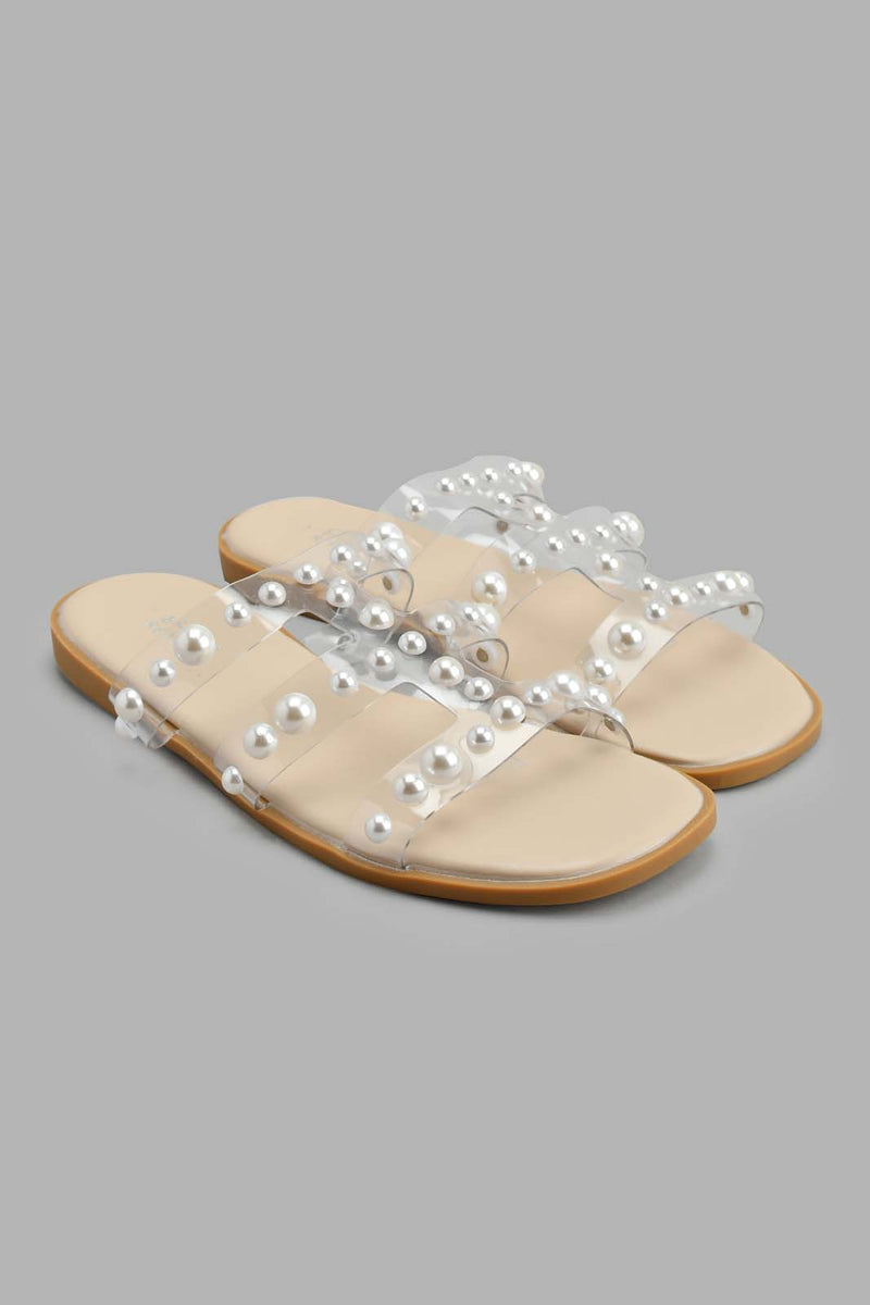 Redtag-White-Pearl-Strap-Mule-Sandal-Casual-Sandals-Senior-Girls-5 to 14 Years