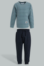 تنزيل الصورة على معرض الصور، Redtag-Blue-Striped-And-Black-Jogging-Suits-Sets-Infant-Boys-3 to 24 Months
