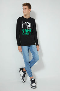 Redtag-Black-Game-Over-T-Shirt-Long-Sleeves-Senior-Boys-9 to 14 Years