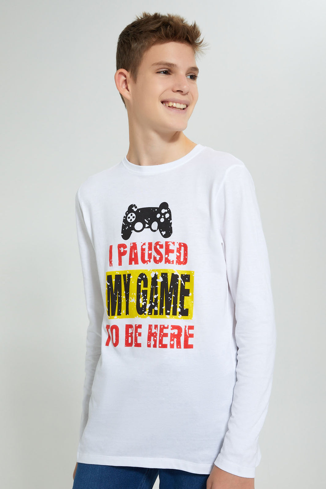 Redtag-White-Paused-Game-T-Shirt-Long-Sleeves-Senior-Boys-9 to 14 Years