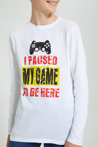 Redtag-White-Paused-Game-T-Shirt-Long-Sleeves-Senior-Boys-9 to 14 Years