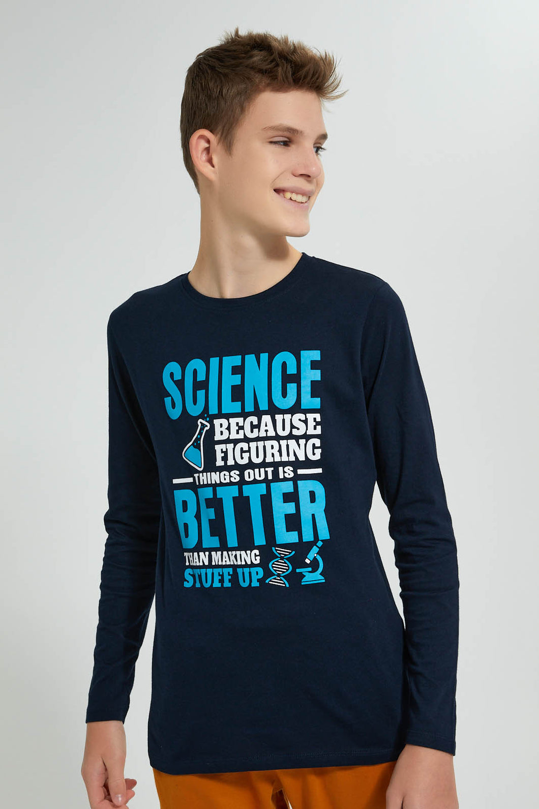 Redtag-Navy-Science-T-Shirt-Long-Sleeves-Senior-Boys-9 to 14 Years