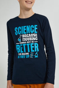 Redtag-Navy-Science-T-Shirt-Long-Sleeves-Senior-Boys-9 to 14 Years